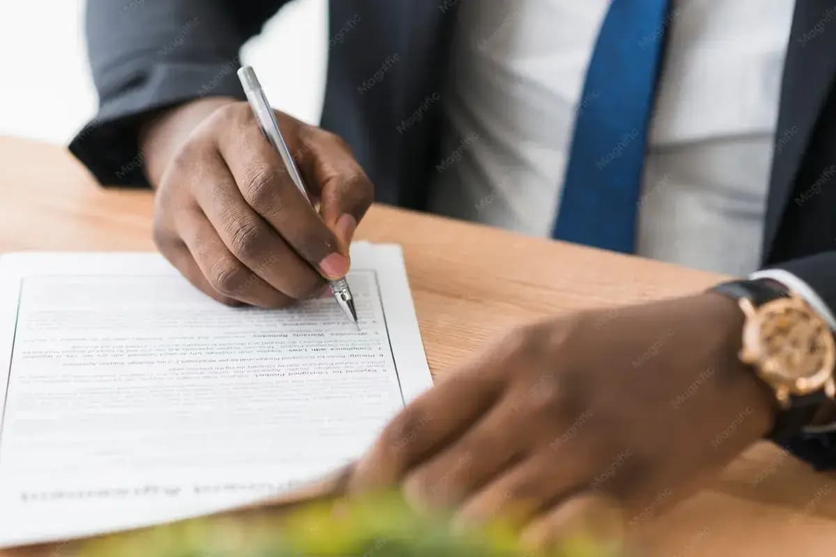 Chef d'entreprise signant un contrat de bail sur un bureau en bois