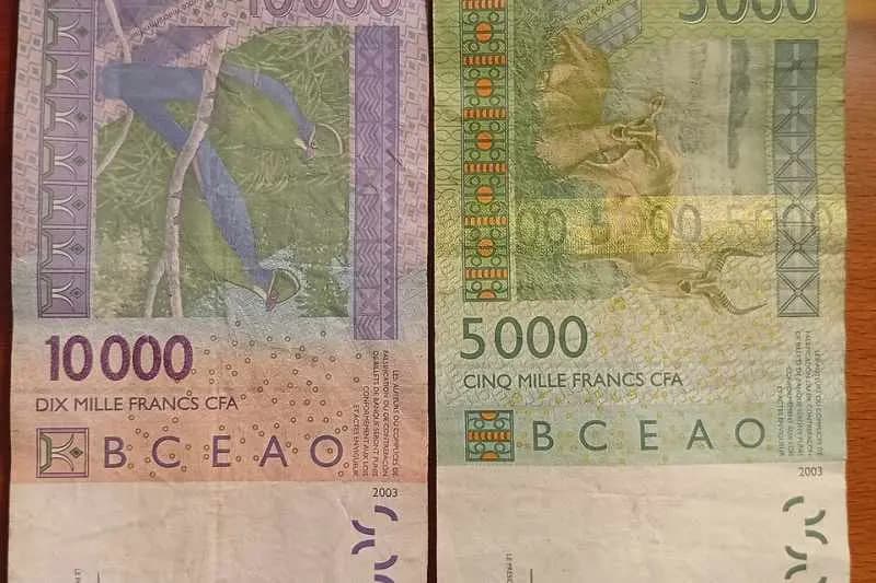 Billets de 10 000 et 5 000 francs CFA émis par la BCEAO, avec leurs motifs et la mention Banque centrale des États de l'Afrique de l'Ouest
