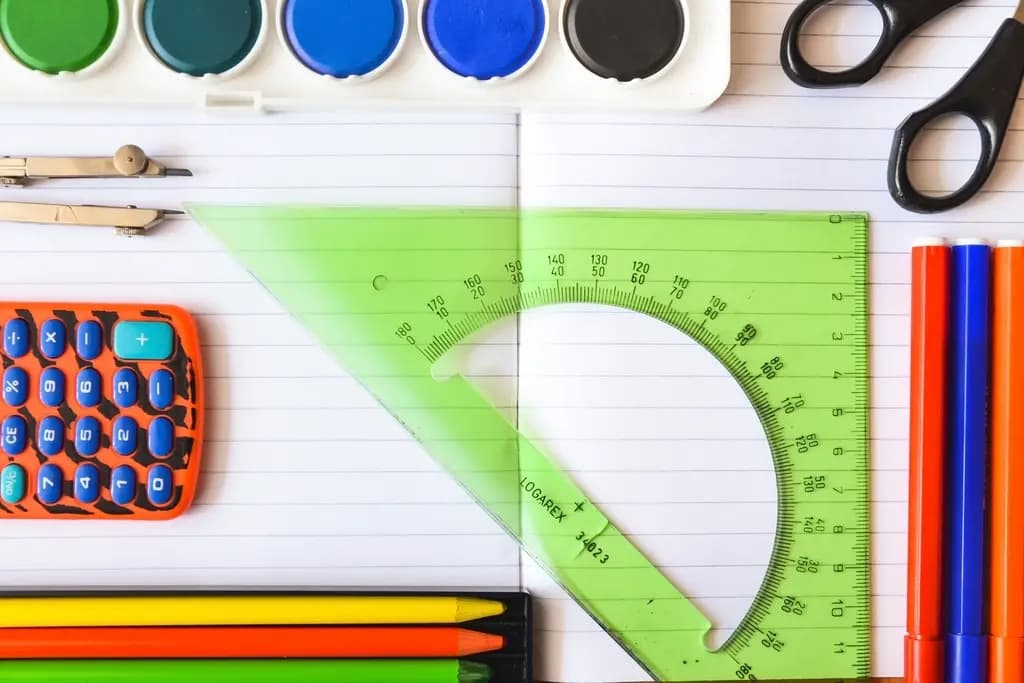 Fournitures scolaires : crayons, règles, rapporteur, ciseaux et peinture sur un cahier