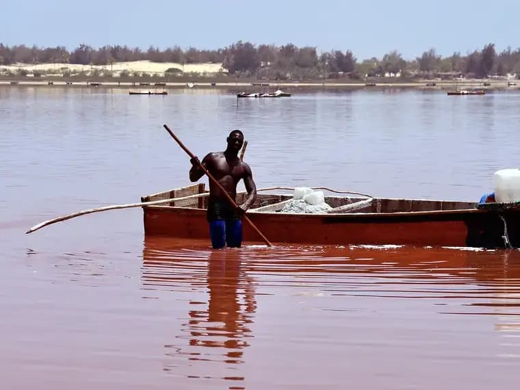 Récolteur de sel poussant sa pirogue sur les eaux roses du Lac Retba au Sénégal
