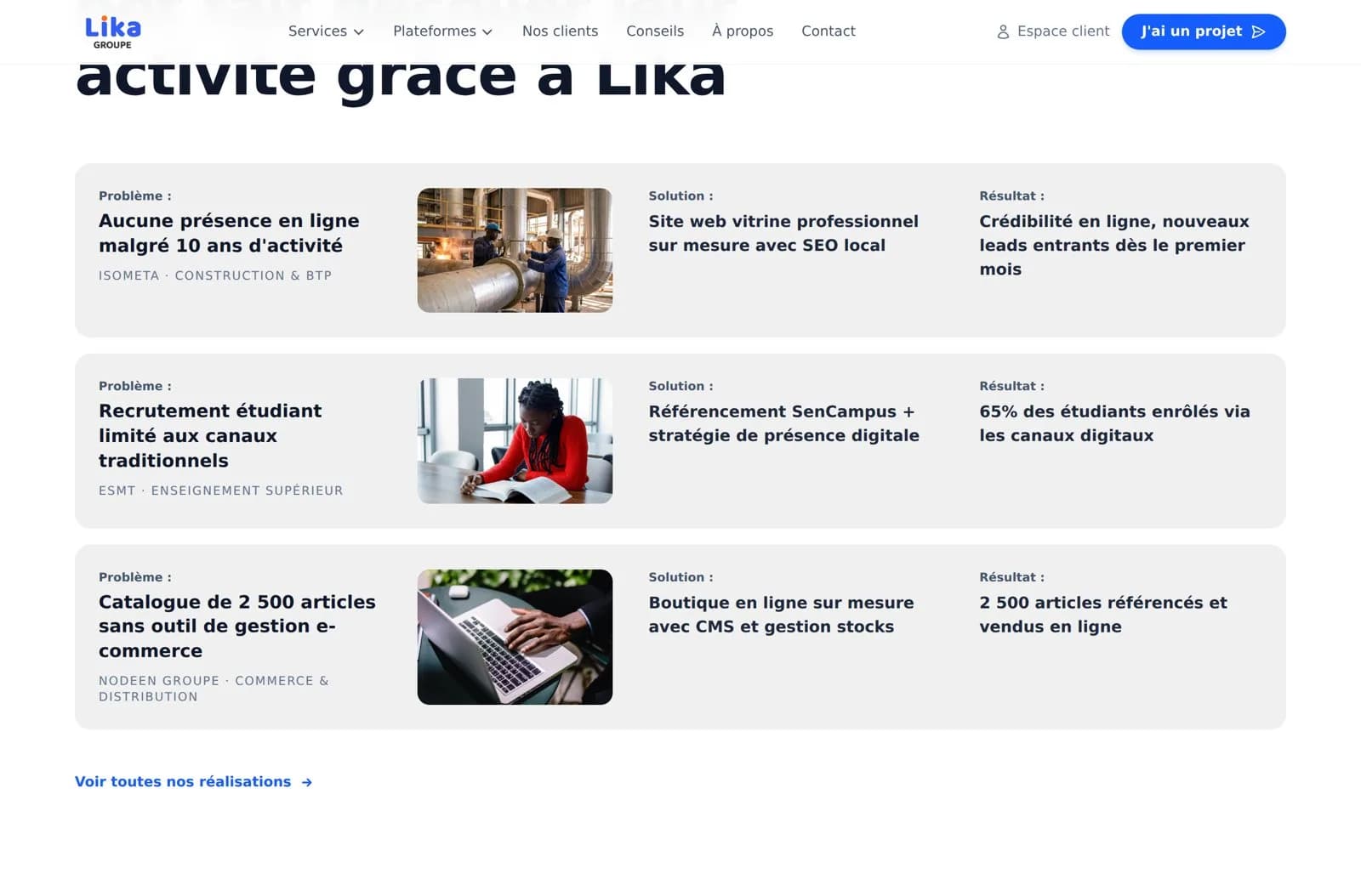 Études de cas clients de Lika Groupe présentées en problème, solution et résultat