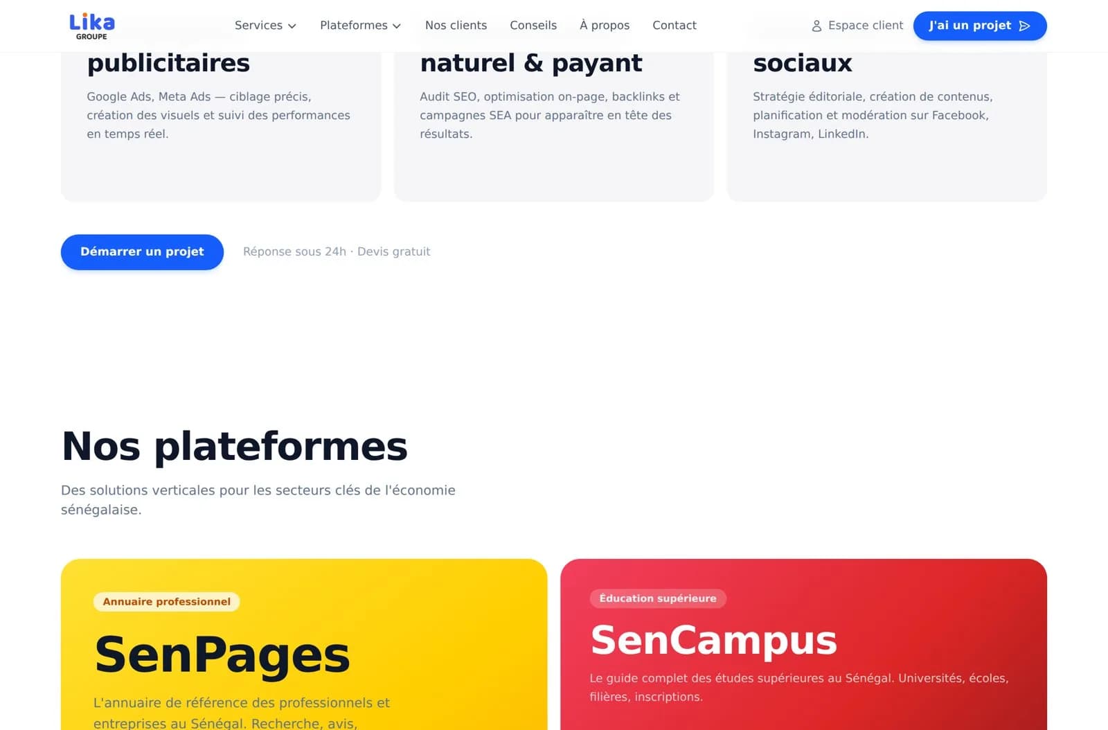 Services de Lika Groupe : publicité, SEO/SEA, réseaux sociaux et plateformes SenPages et SenCampus