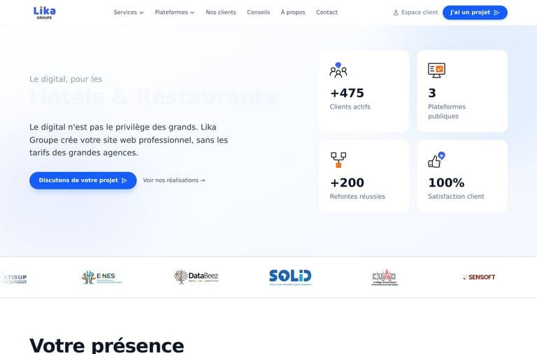 Page d'accueil du site Lika Groupe avec ses chiffres clés et ses clients