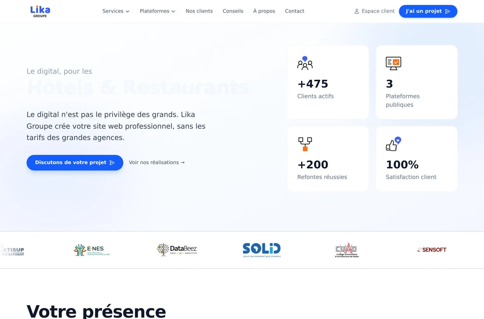Page d'accueil du site Lika Groupe avec ses chiffres clés et ses clients