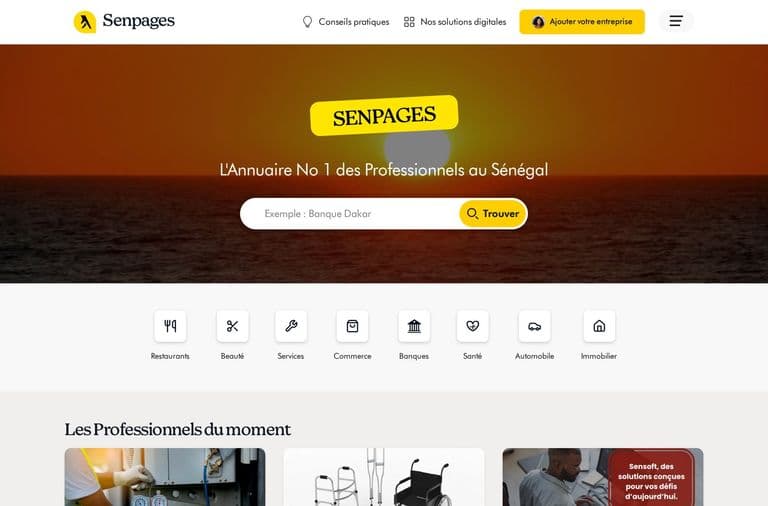 Page d'accueil du site Senpages, annuaire des professionnels du Sénégal, avec barre de recherche et catégories