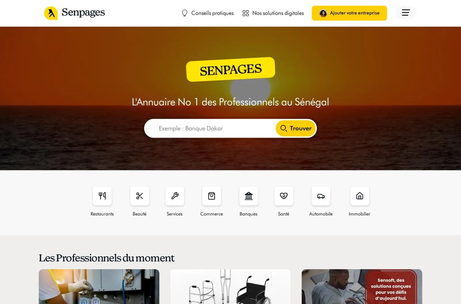 Page d'accueil du site Senpages, annuaire des professionnels du Sénégal, avec barre de recherche et catégories