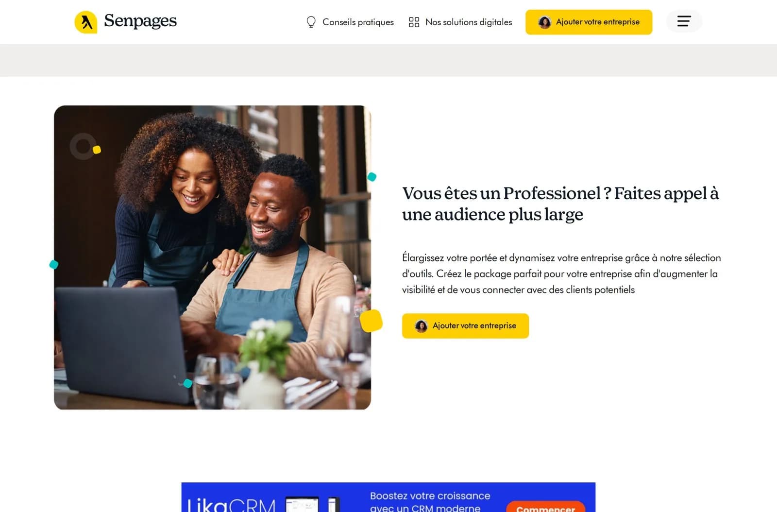 Section du site Senpages invitant les professionnels à référencer leur entreprise