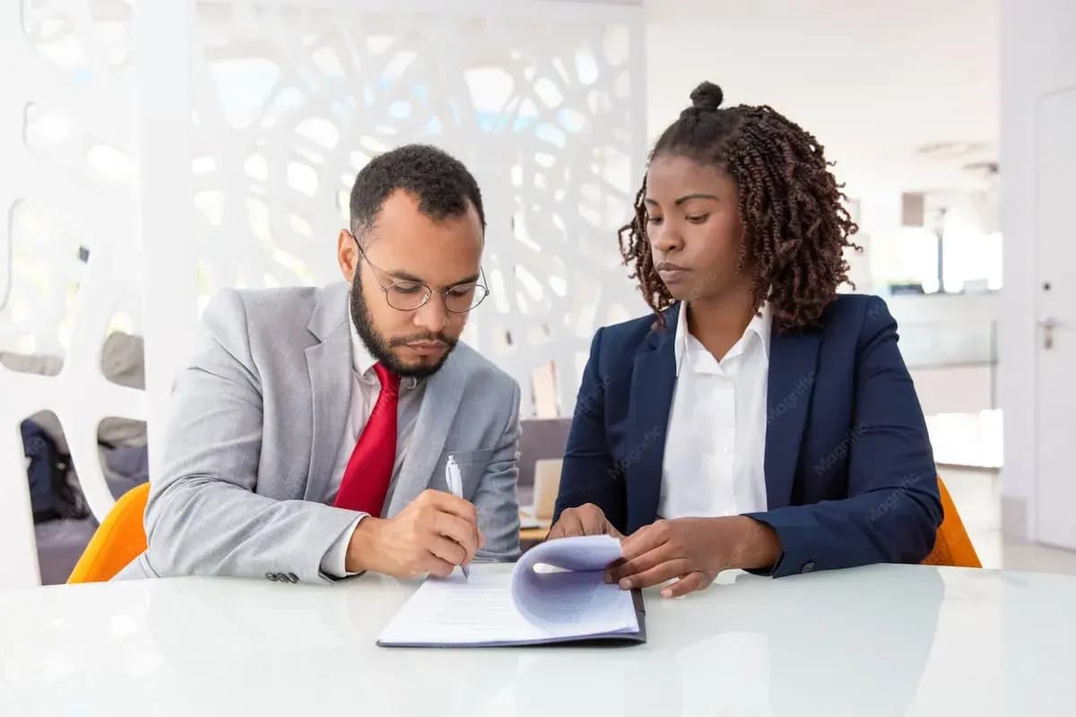 Chef d'entreprise et collaboratrice signant un contrat