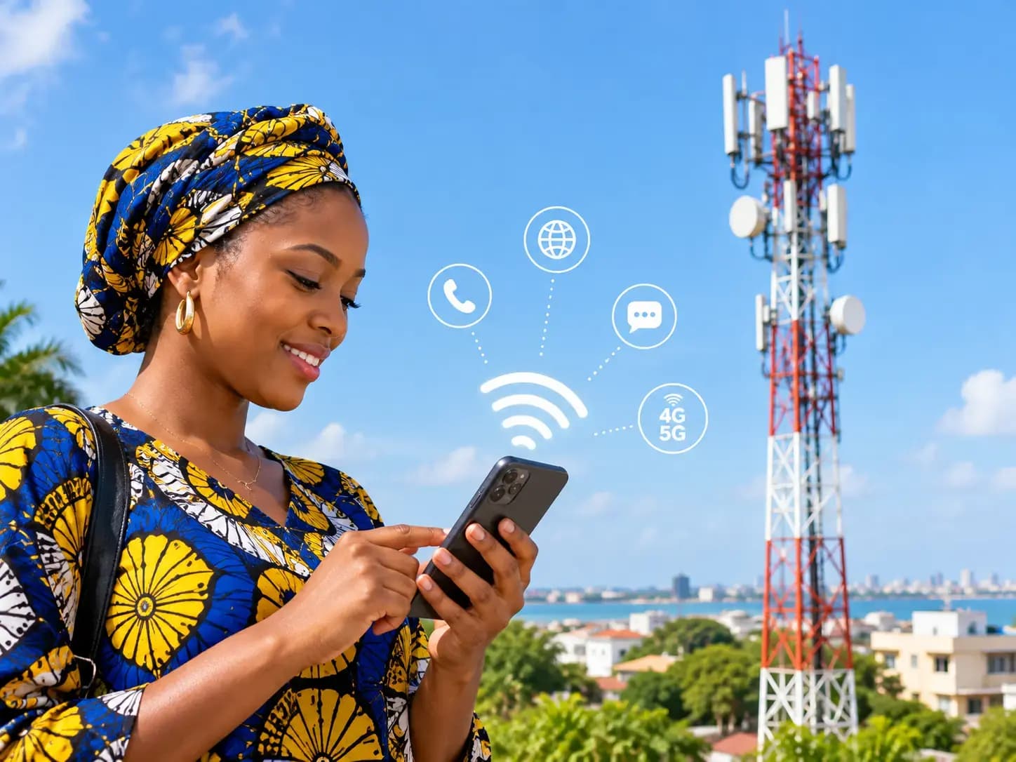 Femme utilisant son téléphone devant une antenne relais