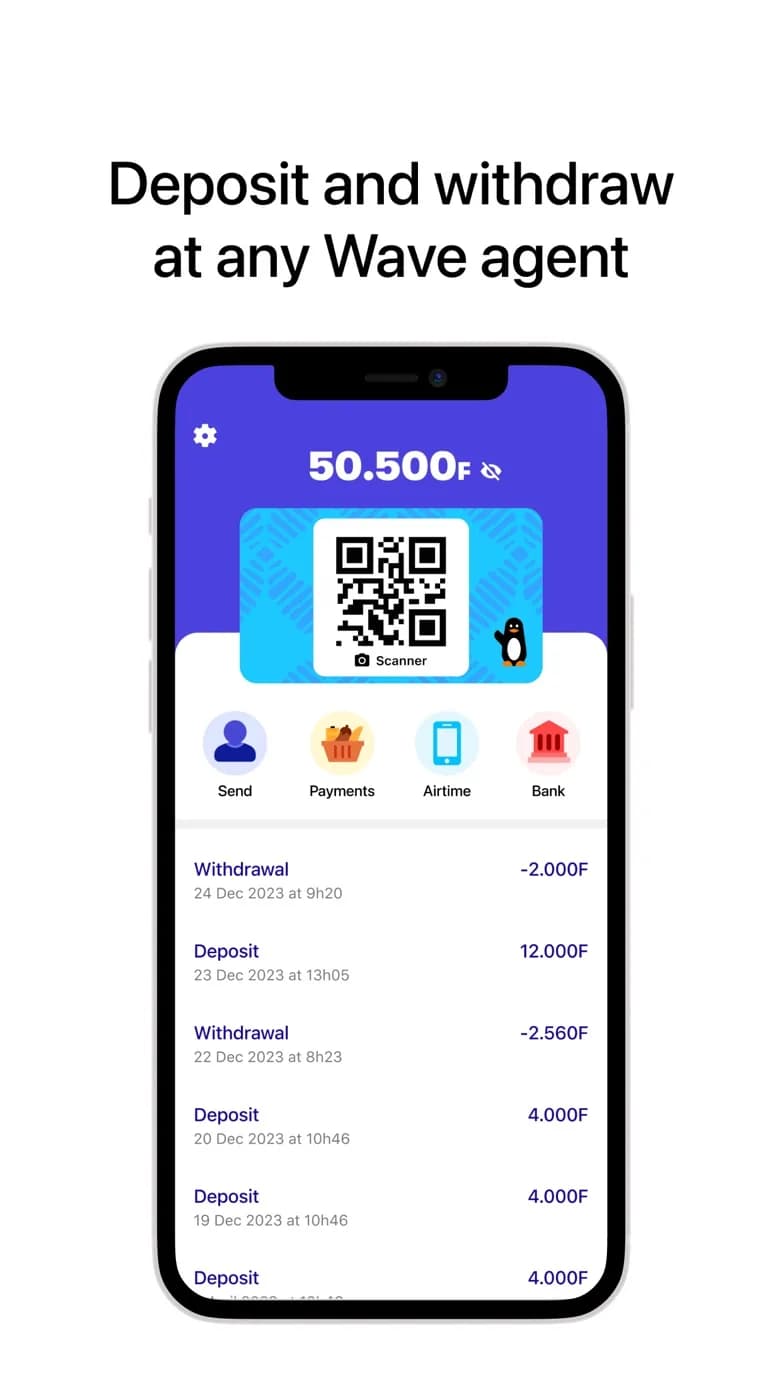 Écran de l'application Wave affichant le solde, le QR code et l'historique des dépôts et retraits