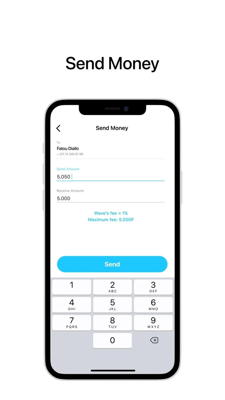 Écran d'envoi d'argent de l'application Wave Mobile Money