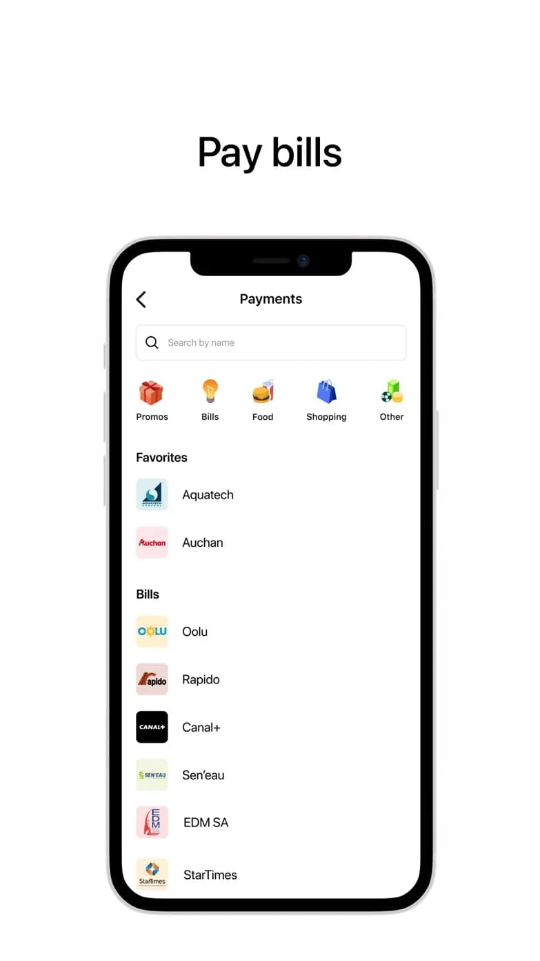 Écran de paiement de factures de l'application Wave Mobile Money