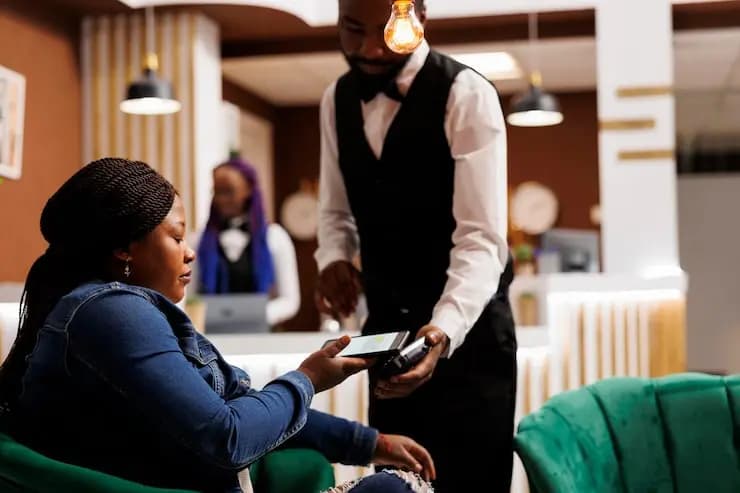 Clients d'hôtel effectuant des paiements sans contact