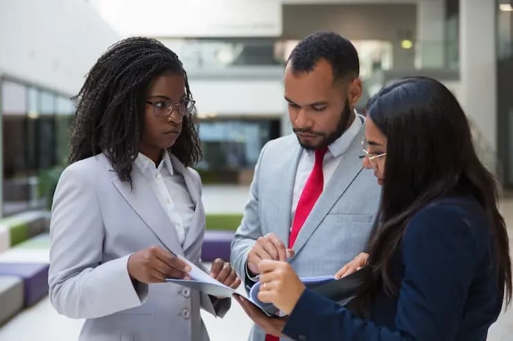 Collègues sérieux discutant de documents