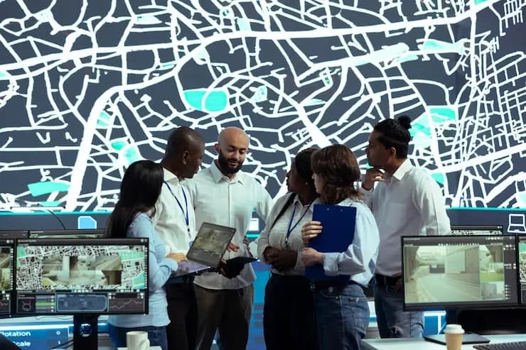 Équipe d'opérateurs analysant des colis dans un entrepôt de logistique