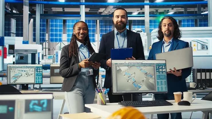 Équipe de superviseurs souriants inspectant une usine de fabrication de panneaux solaires