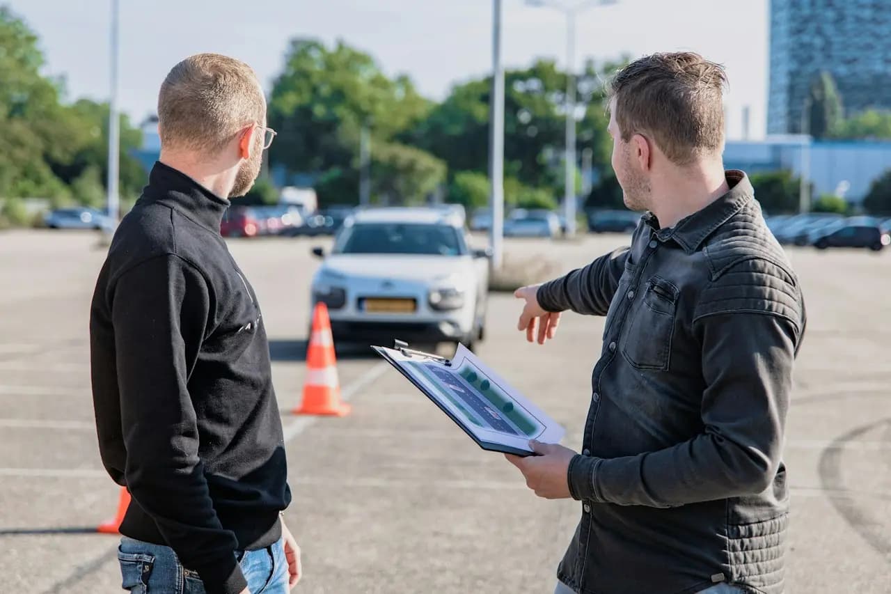 Moniteur d'auto-école avec un carnet devant une voiture lors d'un examen de conduite