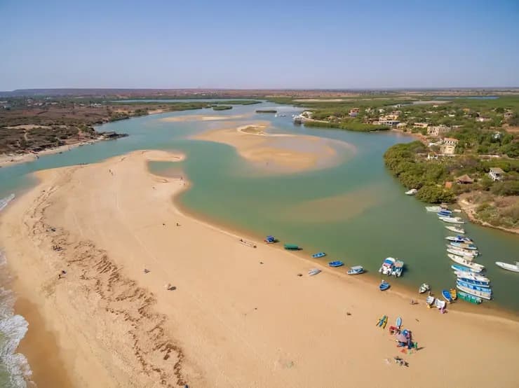 Plages bordées de verdure et bateaux de croisière sous un ciel bleu, au Sénégal