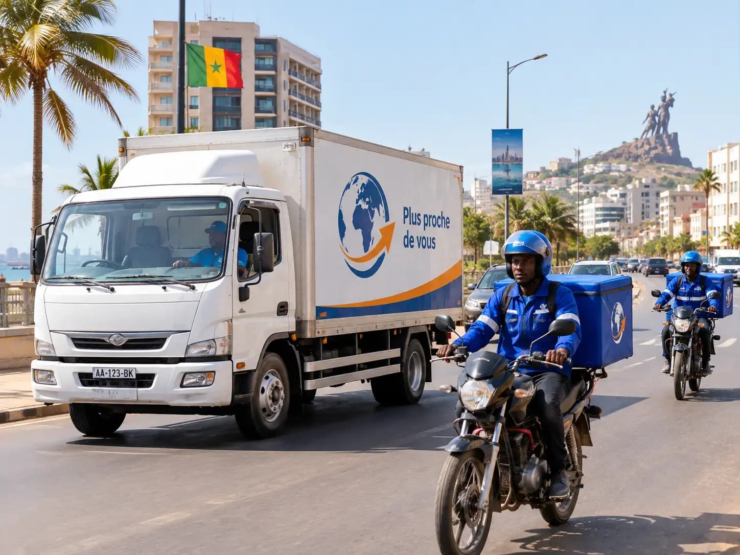Camion de livraison et livreurs à moto en ville